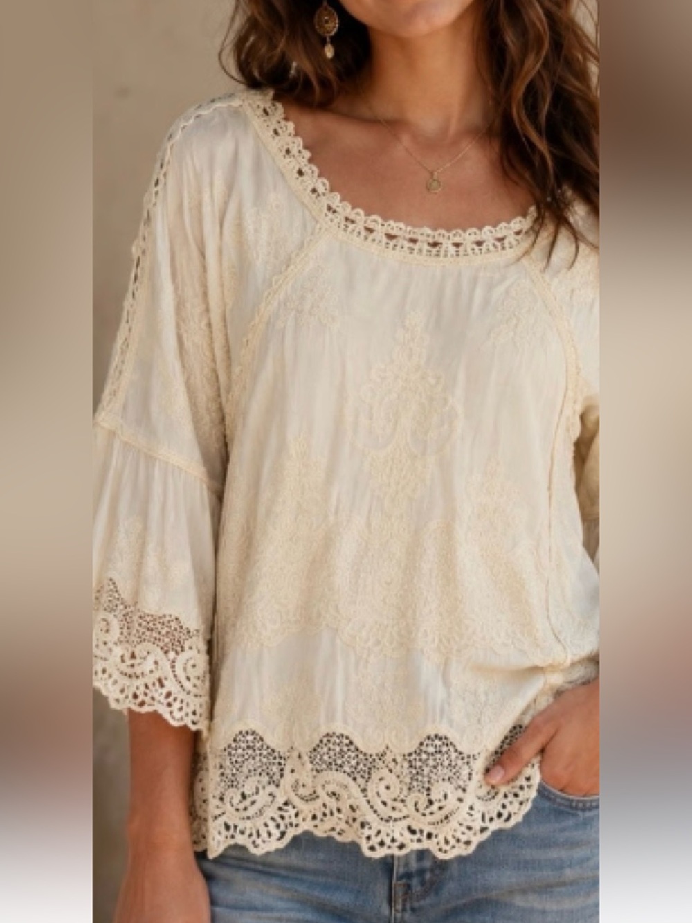 Democracy Ivory Embroidered Lace Boho Peasant Blouse Bell Sleeve sz small